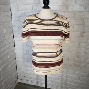Denver Hayes Ladies Size 2XL Cream Tan Red Brown & Black Striped Sweater